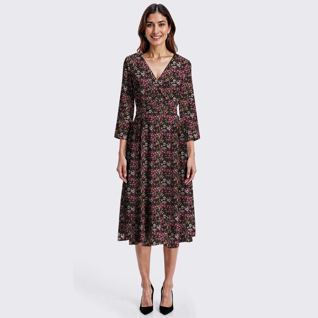 Womens Perceptions 3/4 Sleeve Floral Side Twist Knot Wrap Dress