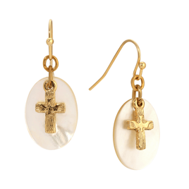 Symbols of Faith Gold Tone Cross Mother Of Pearl Wire Earrings