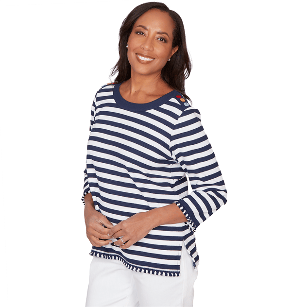 Petite Alfred Dunner Port Side 3/4 Sleeve Pique Stripe Sweater