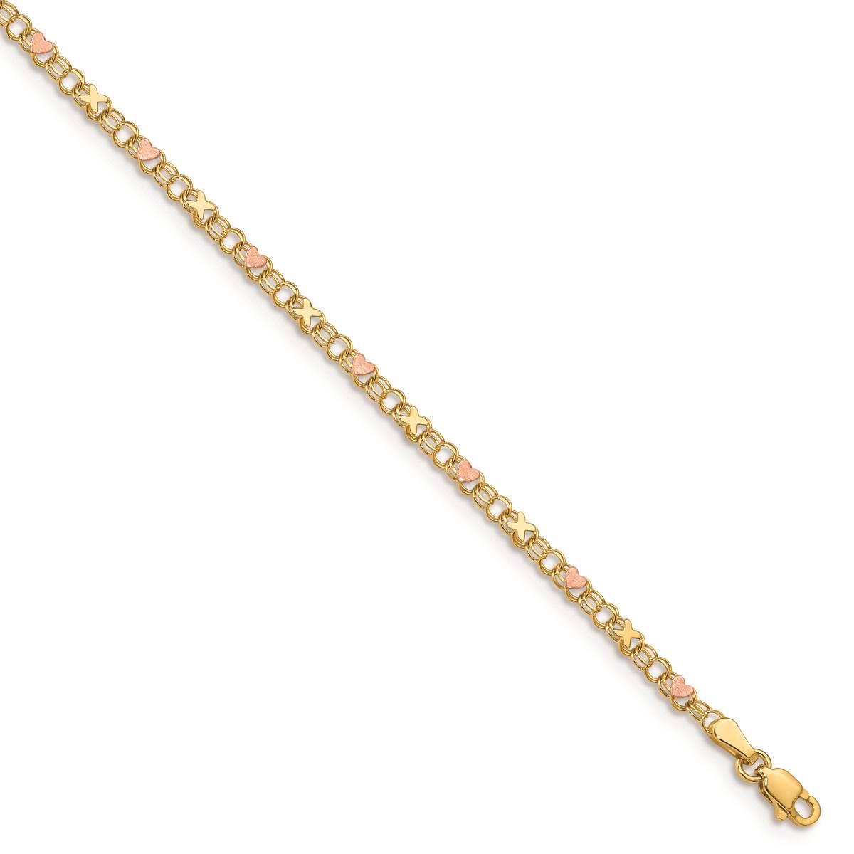 Gold Classics(tm) 14kt Gold & Rose Rhodium X's & Hearts 10in. Anklet