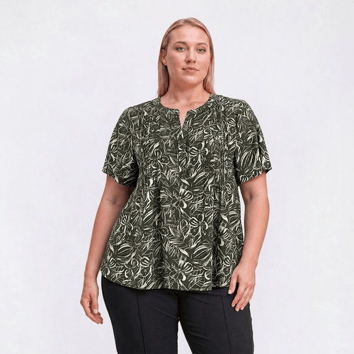 Plus Size Napa Valley Short Sleeve Floral Leaf Henley Blouse