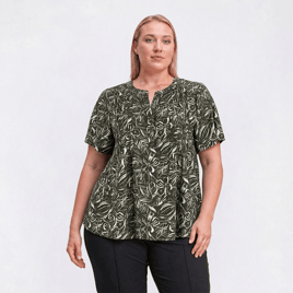 Plus Size Napa Valley Short Sleeve Floral Leaf Henley Blouse