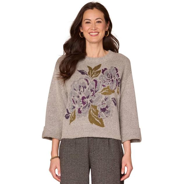 Petite Democracy Long Sleeve Cuffed Floral Jacquard Sweater