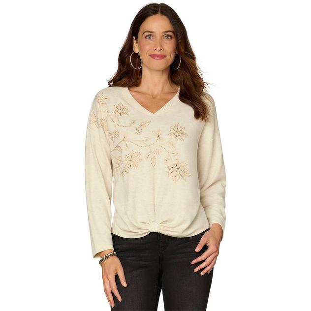 Womens Democracy V Neck Beaded Floral Embroidery Sweater
