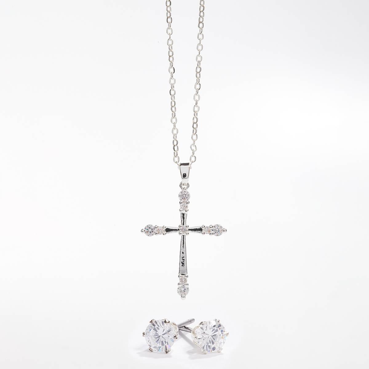 Silver-Tone CZ Cross Pendant & Earring Set