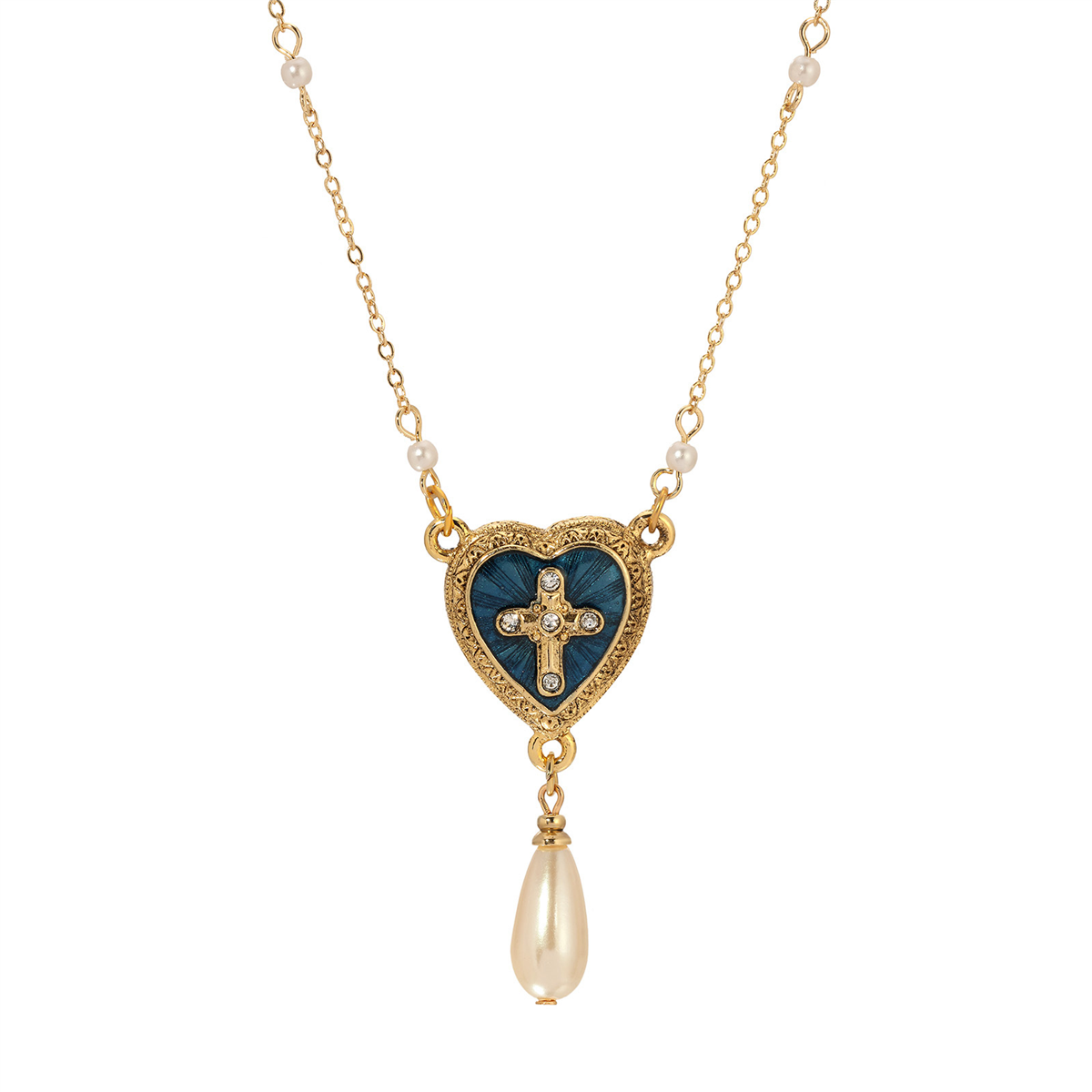 Symbols of Faith Blue Enamel Heart With Cross & Teardrop Necklace