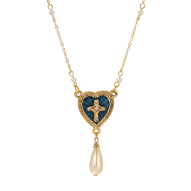 Symbols of Faith Blue Enamel Heart With Cross & Teardrop Necklace