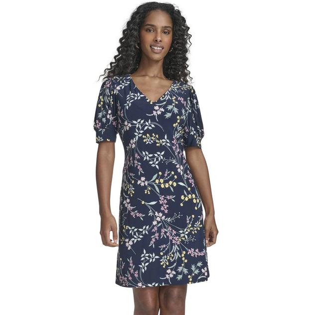 Womens Tommy Hilfiger Short Puff Sleeve Floral A-Line Dress