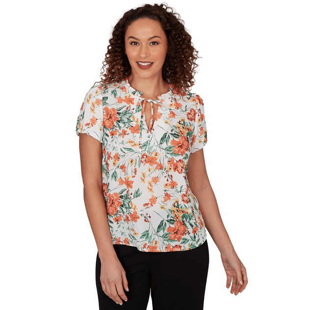 Womens Emaline Verde Grove I Short Sleeve Floral Tie Neck Blouse