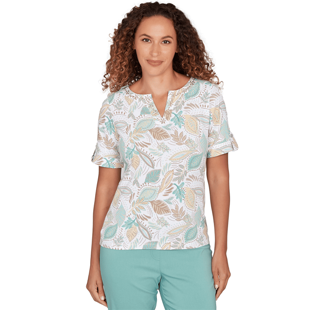 Womens Hearts of Palm Fresh Start Roll Tab Sleeve Leaf Blouse