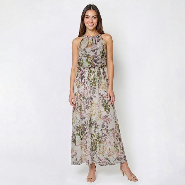 Womens Robbie Bee Sleeveless Vine Chiffon Halter Neck Maxi Dress