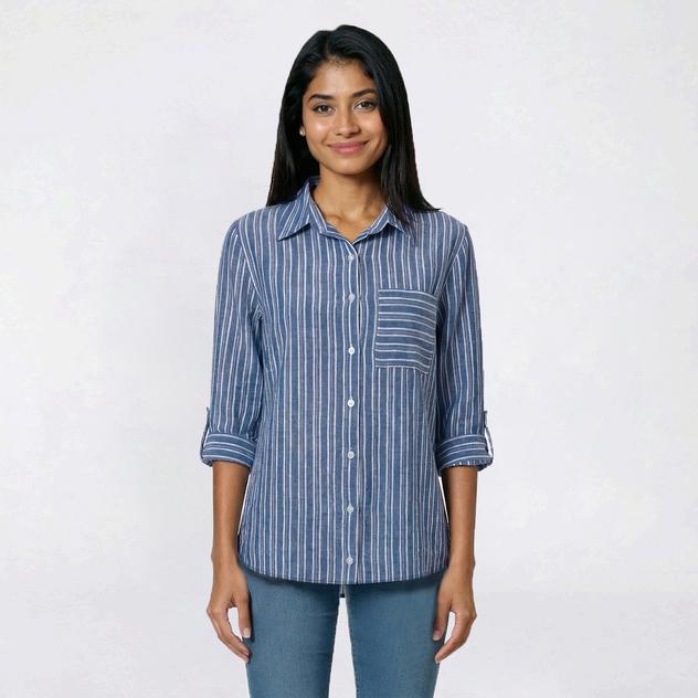 Juniors A. Byer Stripe Roll Tab Sleeve Button Up Top