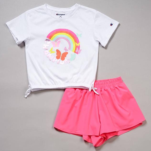 Girls (4-6x) Champion® Rainbow Logo Tee & Flutter Woven Short Set