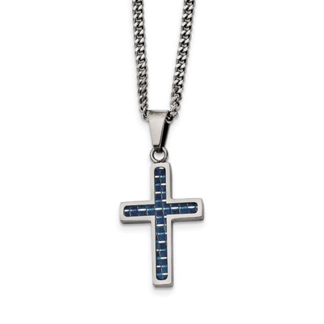 Mens Gentlemen's Classics™ Blue Carbon Fiber Inlay Cross Necklace