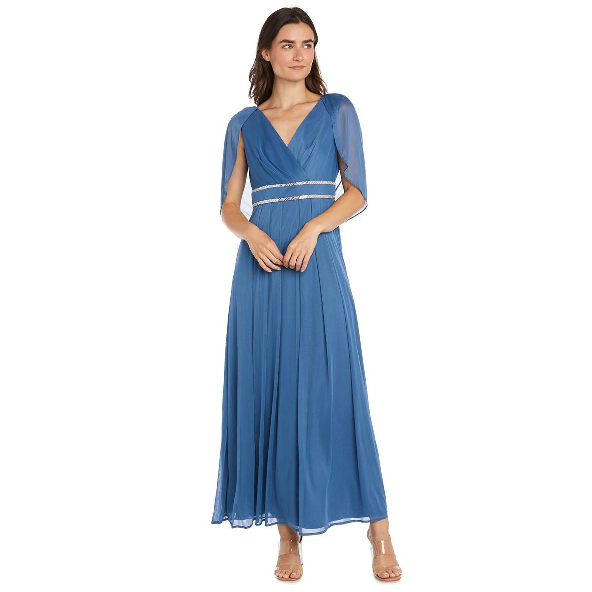 Womens R&M Richards Capelet Rhinestone Waisted Pleated Gown