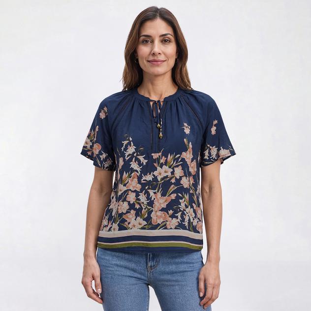 Womens Como Black Short Flutter Sleeve Tie Neck Floral Blouse