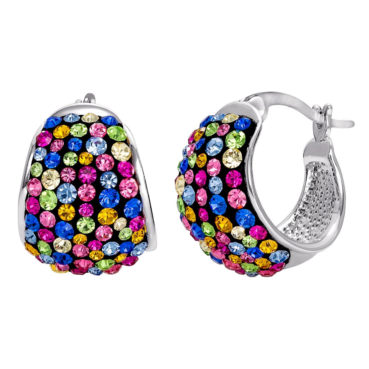 Fine Silver Plated Brass Multi-Color Crystal Hoop Earrings
