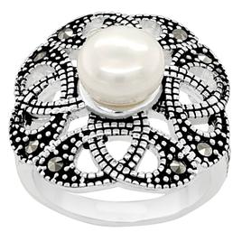 Marsala Fine Silver Plated Pearl and Marcasite Ring