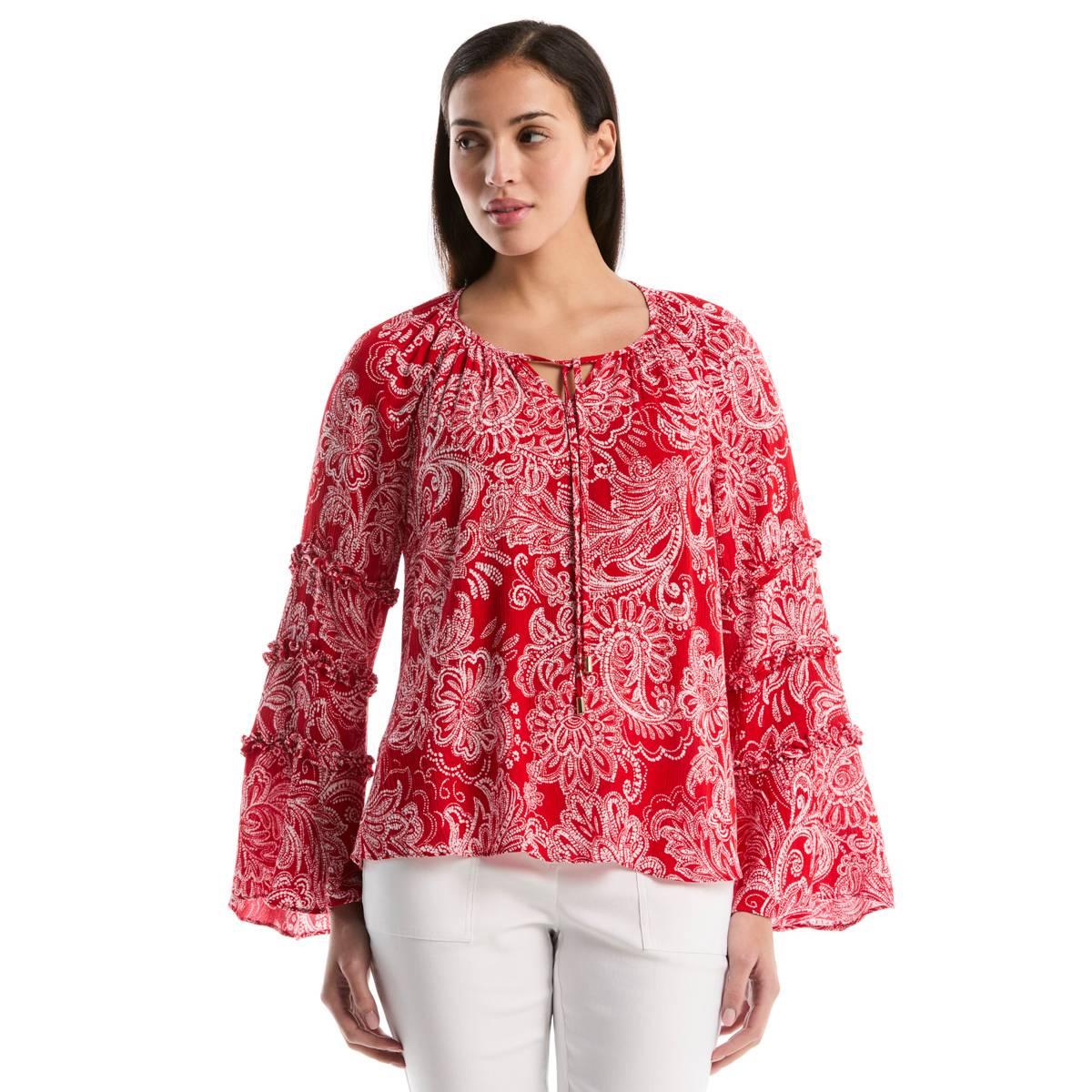 Womens Rafaella(R) Long Sleeve Paisley Crinkle Blouse