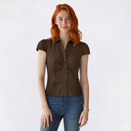 Juniors Love Tree Cap Sleeve Pin Dot Ruch Button Front Top