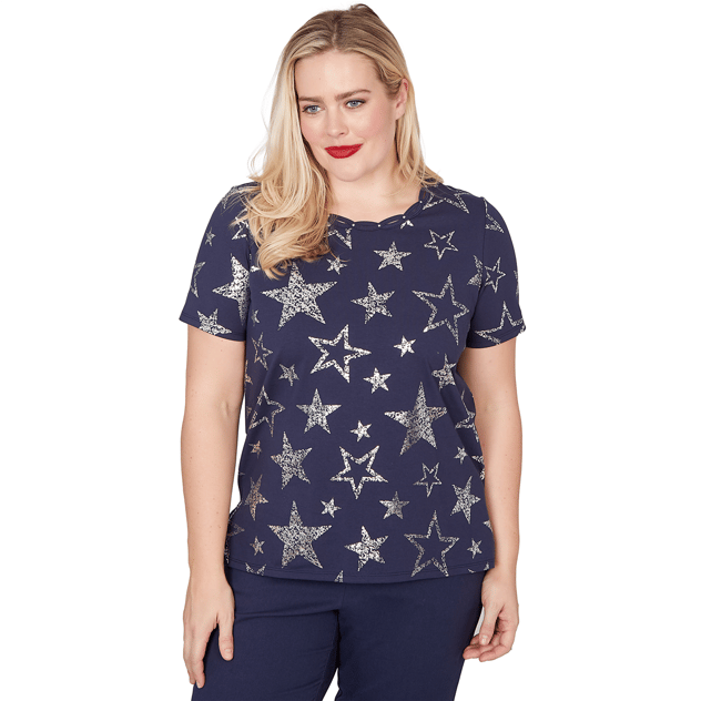 Womens Alfred Dunner Lady Liberty Short Sleeve Foil Stars Tee