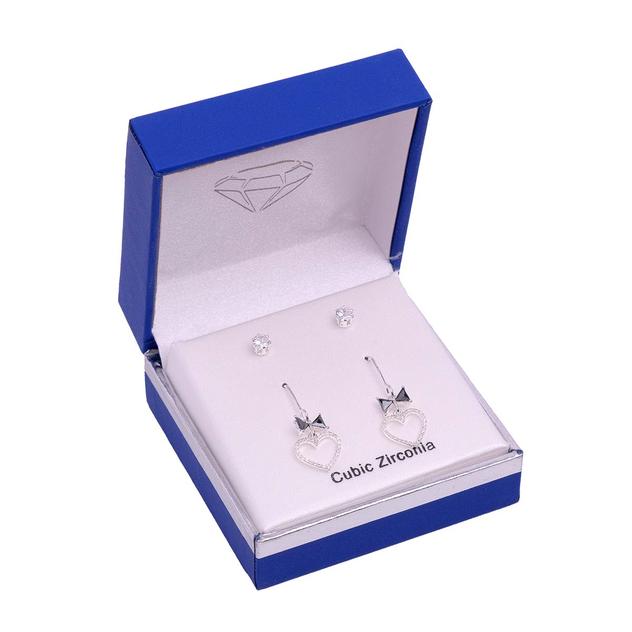 Silver-Tone 2pr. CZ Round Stud & Heart Drop Earrings Set