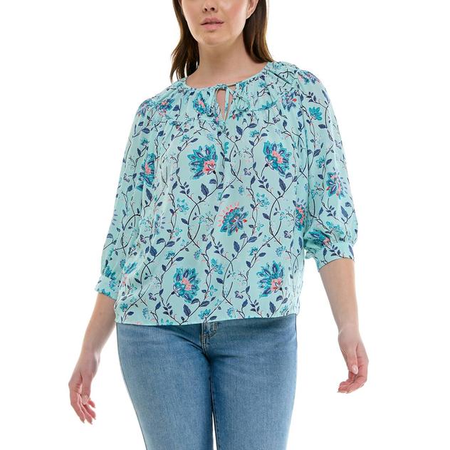 Womens Zac & Rachel 3/4 Sleeve Keyhole Neck Floral Vine Blouse
