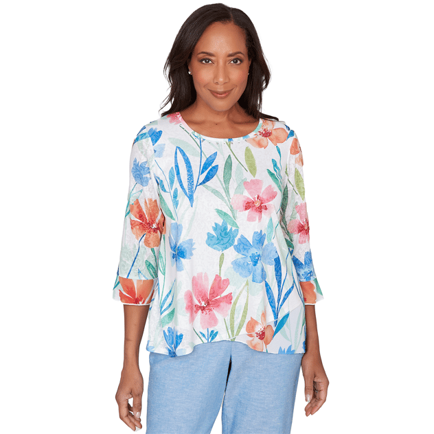 Womens Alfred Dunner Caribbean Blues Whimsical Floral Blouse