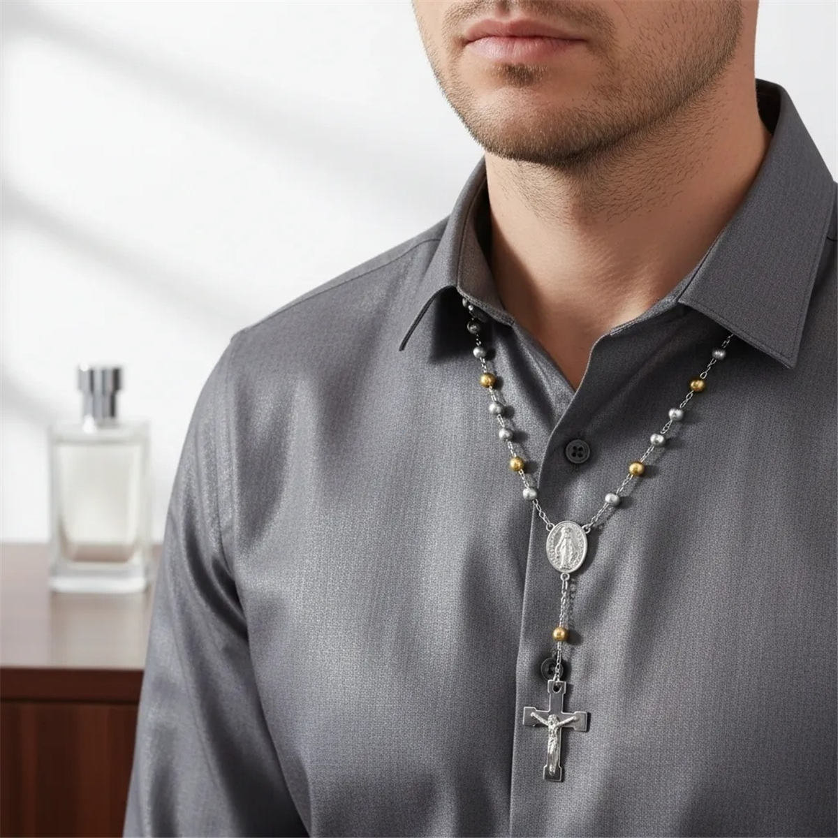 Mens Iron Saints Two-Tone Rosary-Style Necklace w/ Crucifix
