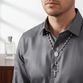 Mens Iron Saints Two-Tone Rosary-Style Necklace w/ Crucifix