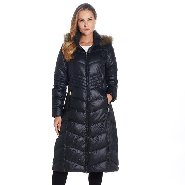 Womens Gallery Maxi Puffer Jacket with Faux Fur Hood