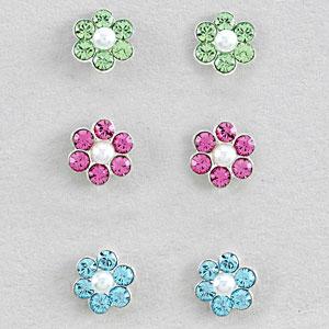Kids Set of 3 Sterling Silver Crystal Flower Earrings