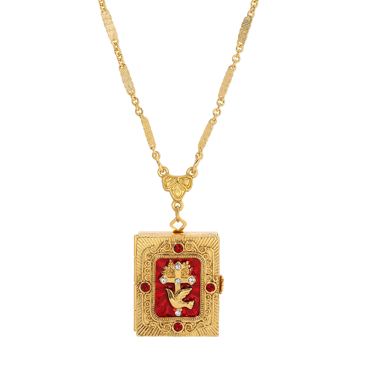 Symbols of Faith Gold Tone Red Enamel Cross Locket Necklace