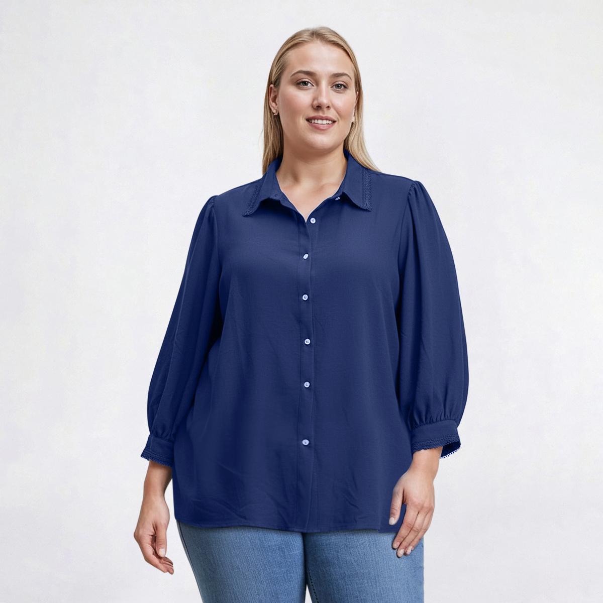 Plus Size Notations Crochet Trim Collar Airflow Blouse