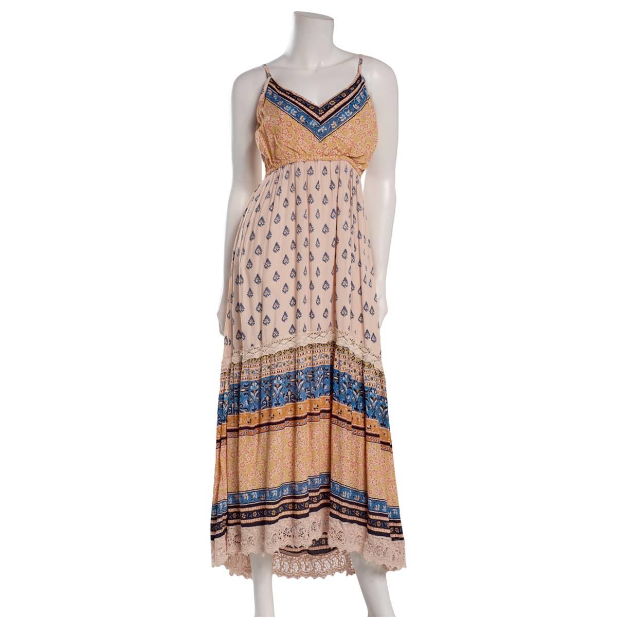 Juniors Angie Mix Print Crochet Trim Maxi Slip Dress