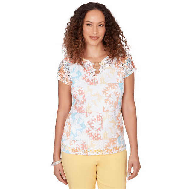 Womens Hearts of Palm Fun in the Sun Cap Sleeve Eyelet Blouse