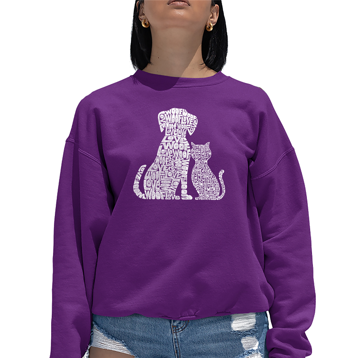 Plus Size LA Pop Art Dogs And Cats Word Art Crewneck Sweatshirt