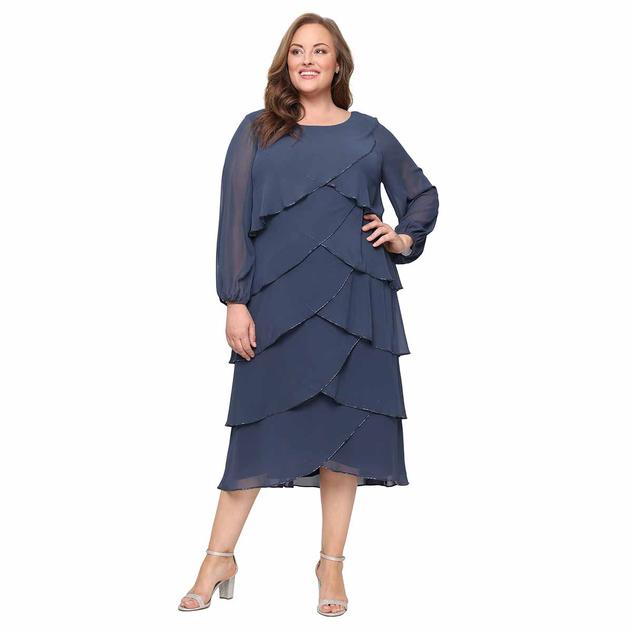 Plus Size SLNY Long Sleeve Tier Beaded Trim Midi Dress