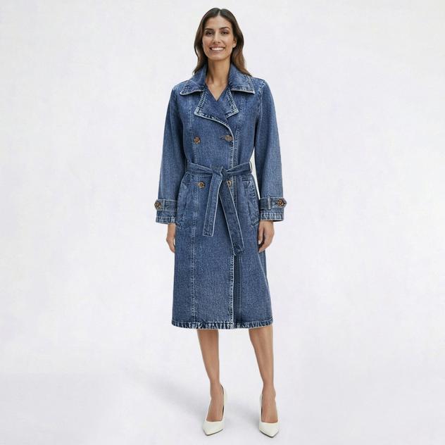 Womens Me Jane Long Denim Trench Coat with Belt
