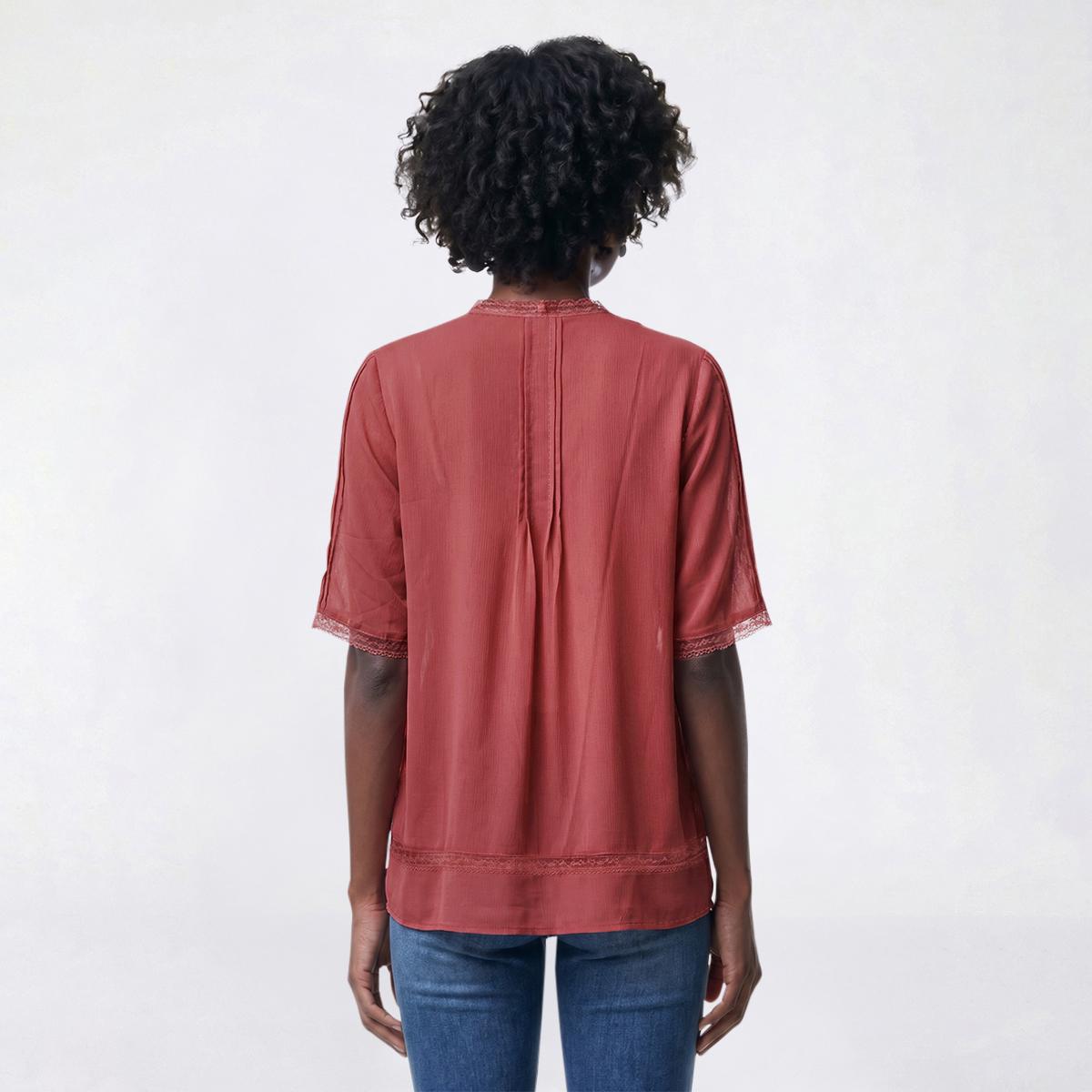 Womens Adrianna Papell Lace Trim Sleeve V Neck Pintuck Blouse