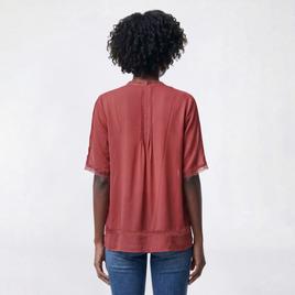 Womens Adrianna Papell Lace Trim Sleeve V Neck Pintuck Blouse