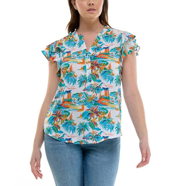 Womens Zac & Rachel Flutter Sleeve Beach Scenic Crepe Blouse