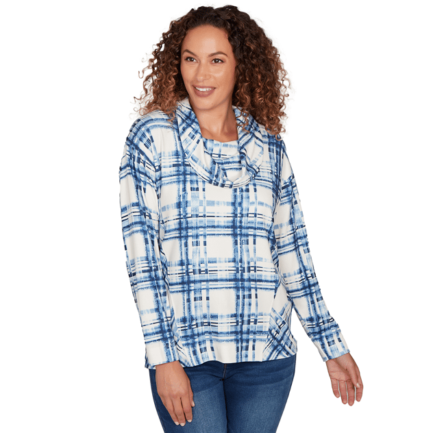 Womens Skye’s the Limit Cozy Up Cowl Neck Plaid Hacci Blouse