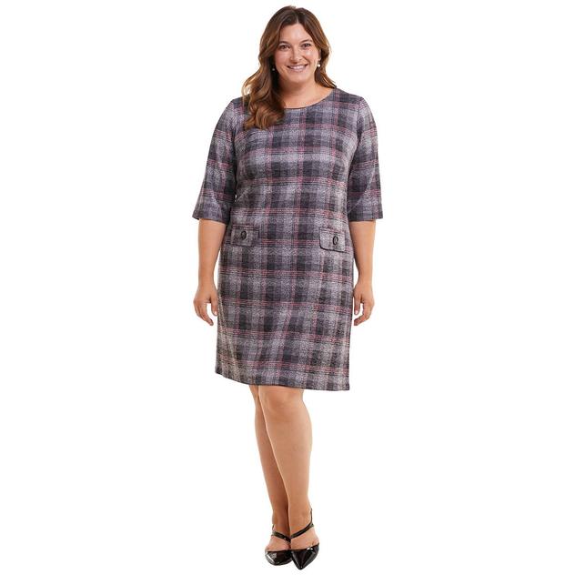 Plus Size Connected Apparel 3/4 Sleeve Plaid Pocket A-Line Dress