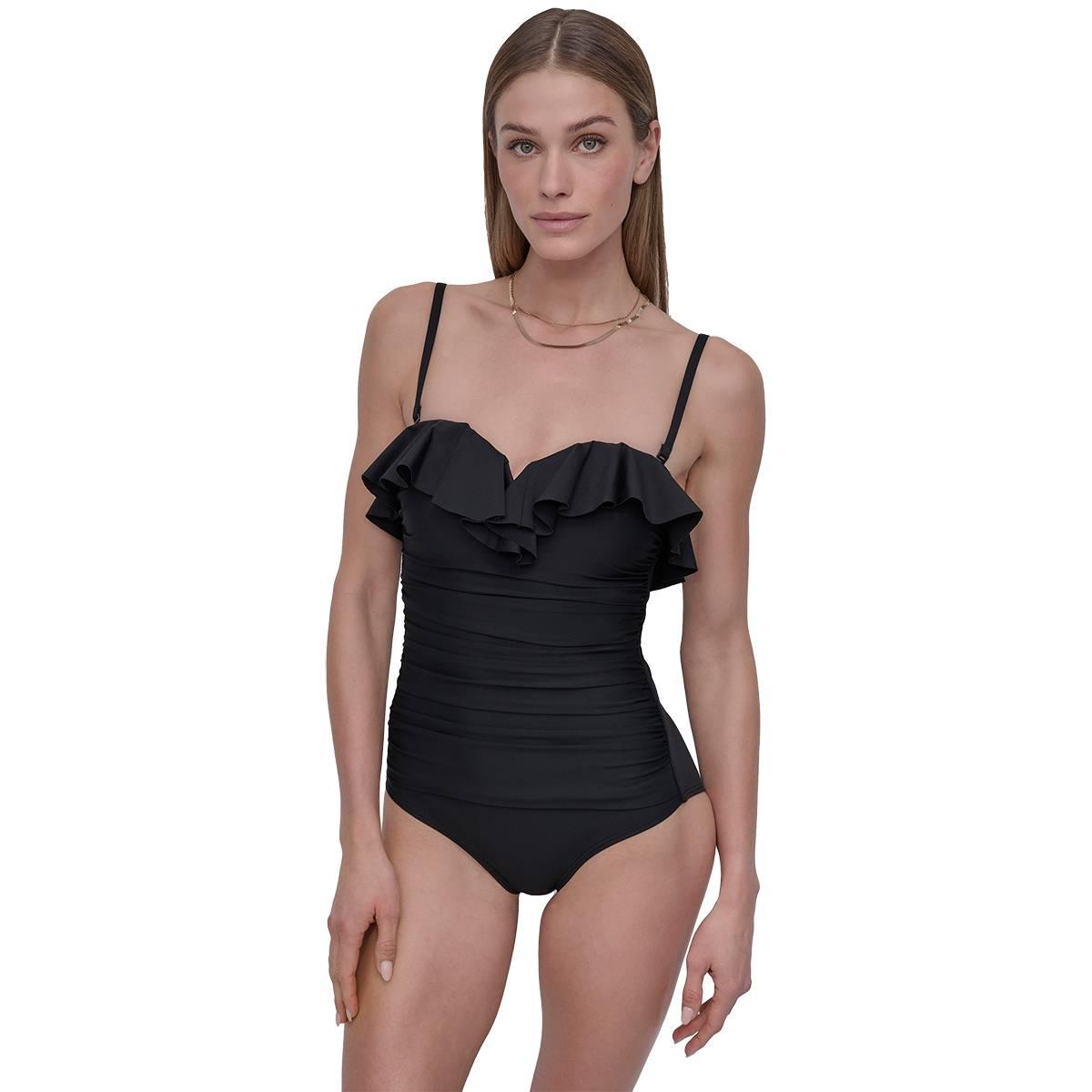 Womens DKNY Solid Ruffled Bandeau One Piece Swimsuit