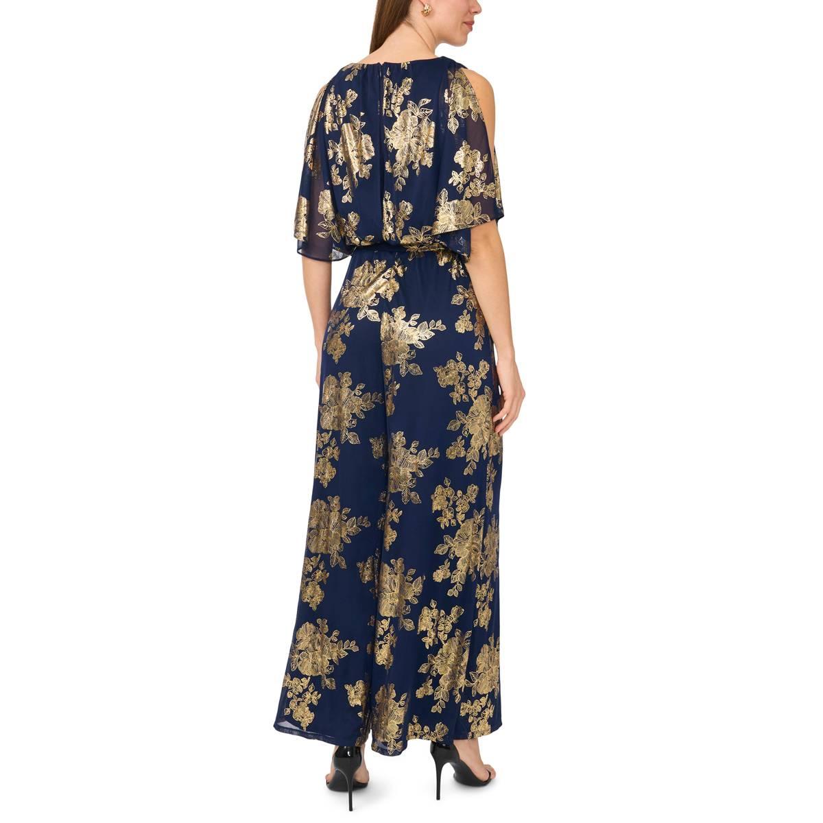 Womens MSK Cold Shoulder Blouson Tie Waist Foil Leaf Jumpsuit