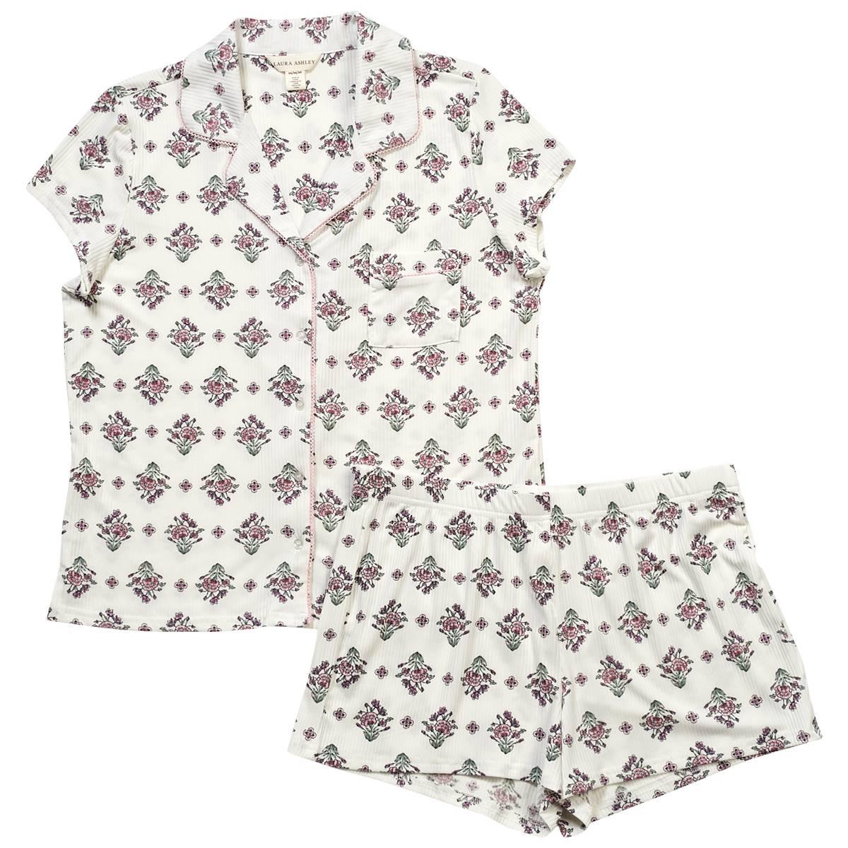 Womens Laura Ashley® Ribbed Floral Notch Collar Boxer Pajama Set