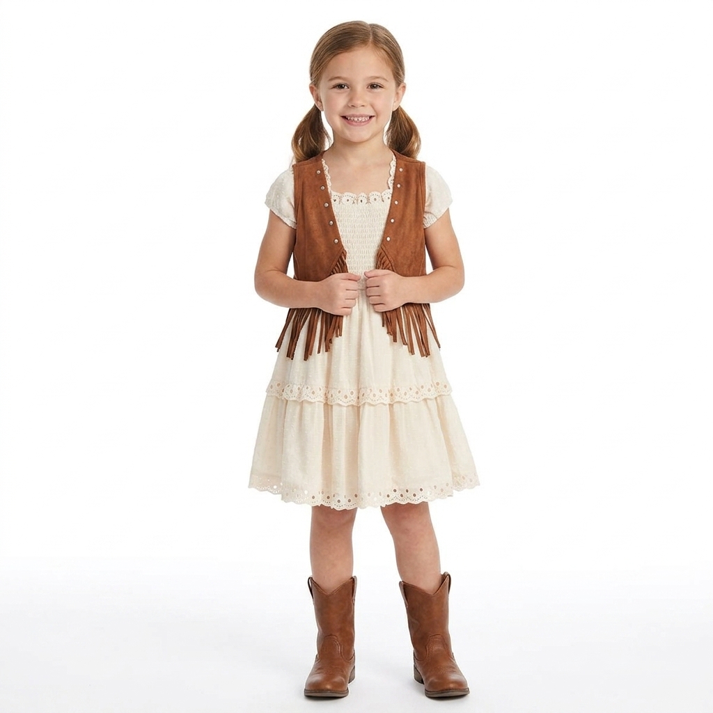 Girls (4-6x) Rare Editions Suede Fringe Vest & Short Sleeve Dress