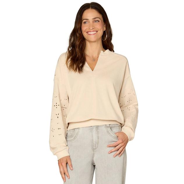 Womens Democracy Embroidered Blouson Sleeve Split Neck Sweater