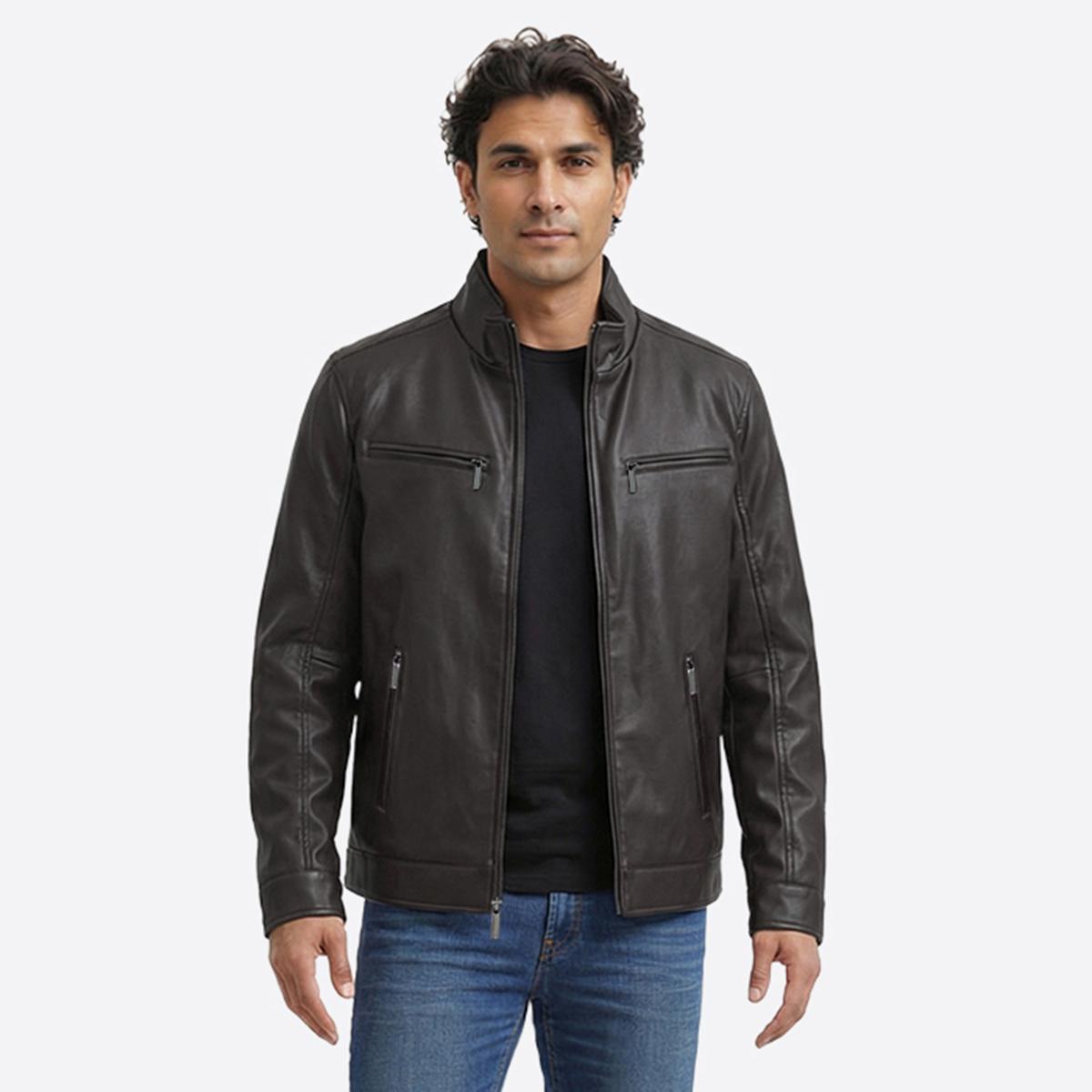 Mens London Fog Faux Leather Jacket w/ Stand Up Collar